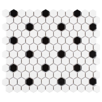 Madison 1" Hex Matte Cool White w/ Black Dot Porcelain Floor and Wall Tile