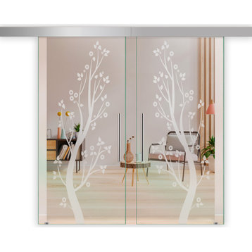 Double Sliding Barn Glass Door, Semi, Non or Full Private with Frosted Design, Non-Private, 2x47"x84" (94"x84") Inches