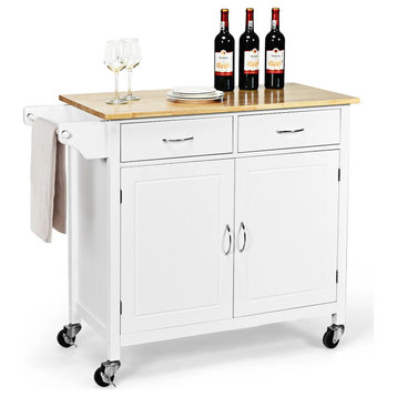 Modern Kitchen Cart, Rubberwood Frame With Cabinet & 2 Drawers, White/Natural