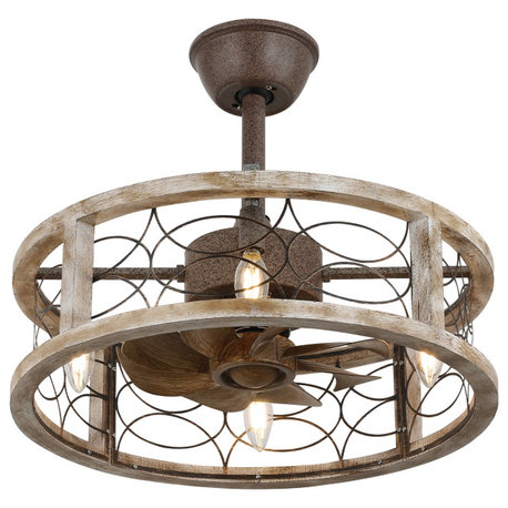 18” Farmhouse 4-Light Wood Caged Ceiling Fan with Lights and Remote, Weathered Wood