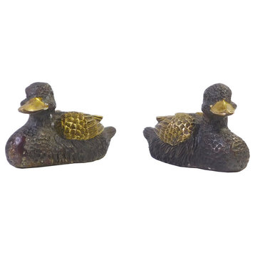 Chinese Brown Bronze Metal Duck Figures, 2-Piece Set