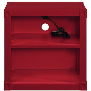 Industrial Nightstand, Cargo Design With Open Shelves and USB Charging Port, Red