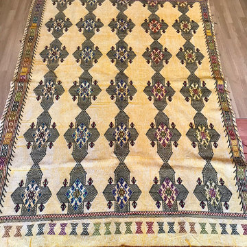 Turkish Kilim Boho Area Rug, 7x5 Yellow Black Bedroom Outdoor Patio Tribal Moroc