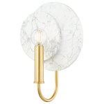 Mitzi - 1 Light Wall Sconce, Aged Brass - This one-light wall sconce plays with geometry, scale, material, and style'the result is a design that feels familiar yet unexpected and a look that is both classic and contemporary. In a unique combination of metal and natural material, a recognizable Aged Brass candlestick sits in front of a disc of white carrara marble that can change position to create a left and right sconce when used in pairs for a symmetrical effect.Tula makes an artistic statement that blends with many interiors.