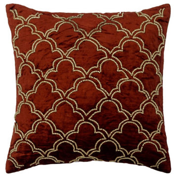 Decorative 18"x18" Beaded Orange Velvet Throw Pillow Cover�For Sofa, Rustic Joy