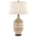Currey & Company, Inc. - Faiyum Table Lamp - The earthen basketweave texture of the Faiyum Table Lamp contrasts its classic pottery form. The terracotta is glazed in tan and brown with Hand-Rubbed Bronze hardware and a Flax Linen Shade.