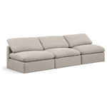 Meridian Furniture - Indulge Upholstered Modular Sofa, Beige, 3-Piece: 3 Armless Chair, Down Stuffed Linen Textured Fabric - Experience ultimate comfort and style with our beige linen textured fabric Indulge Sofa. The luxurious linen texture of the fabric will elevate the aesthetic of any room. This sofa provides ample space for you to relax while its modular build offers the option of unlimited configurations. Whether you're looking to add a stylish element to your living room or a comfortable seating option to your bedroom, this sofa is the perfect choice.
