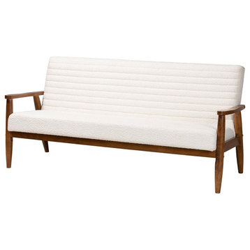 Mid-Century Modern Cream Boucle Fabric Walnut Brown Finished Wood Sofa