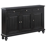 Coast to Coast - Raven Black Rub 3 Door 3 Drawer Credenza - In your foyer, dining room or den, this roomy Credenza will be a welcome addition.  Coated in our Raven Black Rub with turned ball feet, three panel doors that open to reveal a shelved interior, plus three upper drawers ready to hold everything form your guest napkins and candles to pens and papers, this handsome Credenza not only has the look you desire, but also the functional storage options you crave!