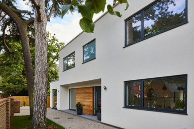 This is an example of a modern white house exterior in London with wood siding and a flat roof.
