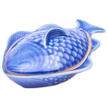 Novica Handmade Fish Dish In Blue Celadon Ceramic Lidded Bowl