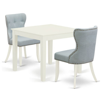 A Dining Set Of 2 Dining Chairs, Baby Blue Color, Wood Table, Linen White Color
