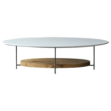 39" Modern Oval Coffee Table with Storage Shelf Light Wood and Metal, White
