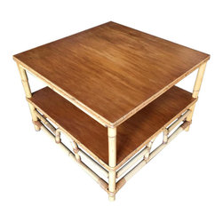 Restored Two-Tier Rattan "Center Horseshoe" Coffee Table with Mahogany Top - Coffee Tables