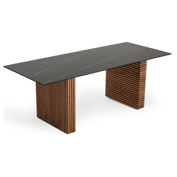 Modrest Maggie Modern Walnut and Black Ceramic Top Dining Table