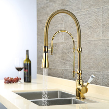 High Arc Dual-Mode Pull-Down Kitchen Faucet Solid Brass with Porcelain Handle, Gold