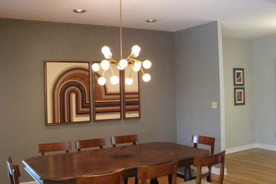 Great room - 1960s medium tone wood floor and brown floor great room idea in Baltimore with gray walls and no fireplace