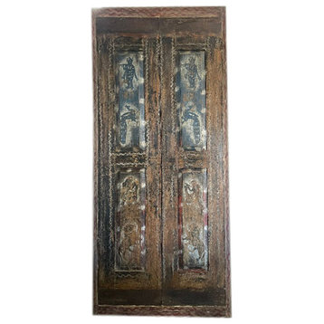Consigned Antique Black Painted Doors, Krishna Traditional Art, Single Barndoor