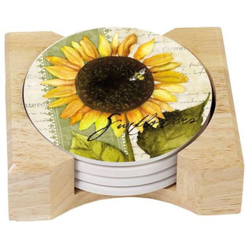 Stone Coasters Wood Holder Sunflowers in Bloom Cork Set of 4