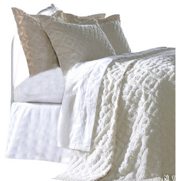 Diamond Tufted Chenille Bedspread and Pillow Sham Set, White, Queen