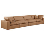 Meridian Furniture - Comfy Upholstered Modular Sofa, Cognac, 4-Piece: 2 Armless Chair, 2 Corner Chair, Vegan Leather - Give your space a whole new look with this cognac Comfy vegan leather sofa. This handsome sofa fits nicely with other items in the Comfy collection and is a versatile seating option designed for adaptability, comfort and style. Wrapped in rich cognac durable vegan leathered upholstery, this sofa offers a plush embrace of overstuffed down feather cushions, carefully crafted to deliver the highest level of comfort. The perfect seat for creating an oasis for relaxation, this sofa has thick foam surrounding its frame for added support and coziness.