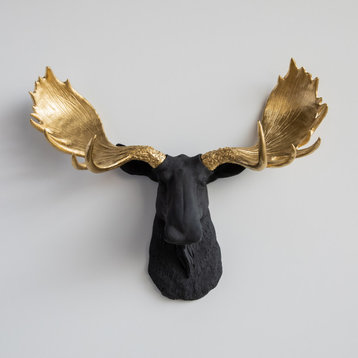 Faux Taxidermy Moose Head Wall Mount, Black and Gold