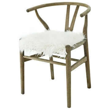 Unique Accent Chair, Wishbone Wooden Frame With Soft Faux Fur Seat, Brown/Gray