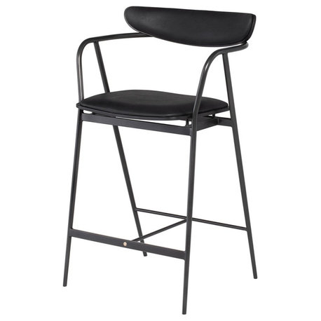 Leather Counter Stool Black Steel Oak Wood Modern Stool, Raven