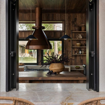 Antique Elm Paneling and Cabinetry in Interlachen Modern Lakehouse Kitchen