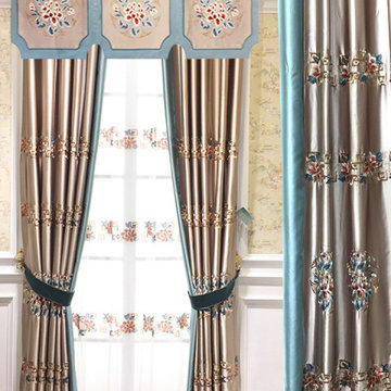 QYHL226E Silver Beach Embroidered Flowers Faux Silk Custom Made Curtains