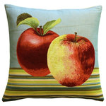 Pillow Decor Ltd. - Pillow Decor - Fresh Apples on Blue 19 x 19 Throw Pillow - Two fresh apples give this bright tapestry pillow a colorful, crisp look. The background is a late Autumn sky blue color, while the foreground stripes are in bright lime green, teal, cream and dark brown. A great accent in a kitchen nook, or family room.