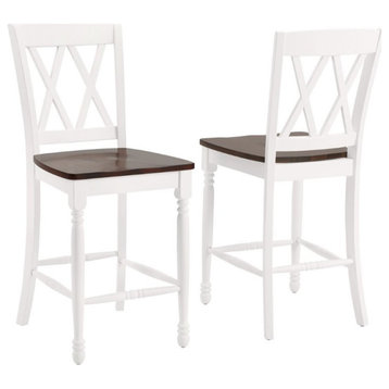 Crosley Furniture Shelby Wood Counter Stool in Distressed White/Brown (Set of 2)