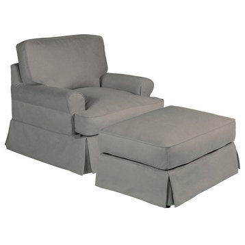 Sunset Trading Horizon T-Cushion Fabric Slipcovered Chair with Ottoman in Gray