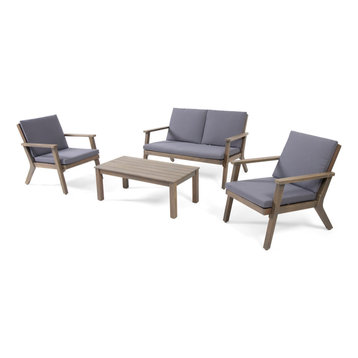 Temecula Outdoor Acacia Wood 4 Seat Chat Set With Cushions, Gray Finish and Dark