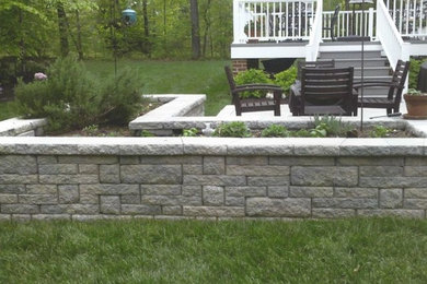 Large elegant backyard brick patio photo in Richmond with a fire pit and no cover