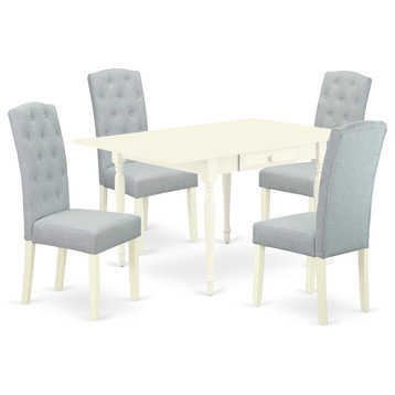5Pc Dinette Set For Small Spaces, Table, 4 Chairs, Baby Blue Color, Linen White