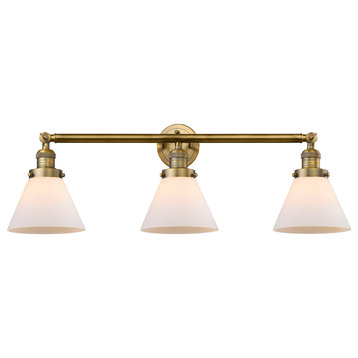 3-Light Large Cone 32" Bath Fixture, Brushed Brass, Glass: White Cased