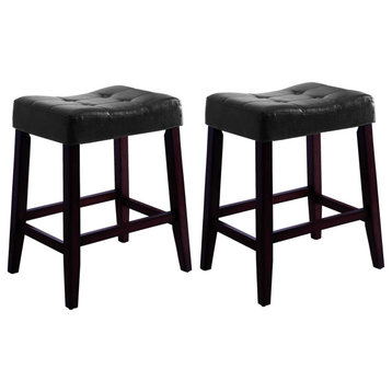 Wooden Stools With Saddle Seat And Button Tufts, Set Of 2, Black And Brown