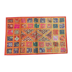 Mogulinterior - Indian Vintage Style Decorative Tapestry Red Sequin Flower Patchwork Home Decor - Tapestries