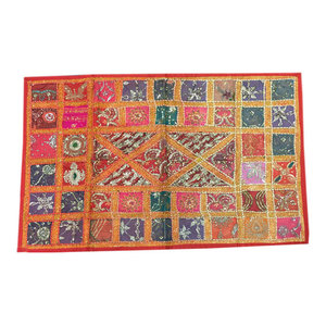 Mogulinterior - Indian Vintage Style Decorative Tapestry Red Sequin Flower Patchwork Home Decor - Tapestries
