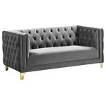 Meridian Furniture - Michelle Fabric Upholstered Chair, Gold Iron Legs, Gray, Velvet, Loveseat - Upholstered in soft grey velvet, this Michelle love seat is sumptuously glamorous. Designed for upscale living, this chair features rich gold nail head trim and gold iron legs that keep it grounded in contemporary beauty. Tufted material covers every inch of this unit, and button tufting ensures that the unit stays plump and comfortable and holds up well to continual use. Pair it with other items in the collection for a cohesive look.