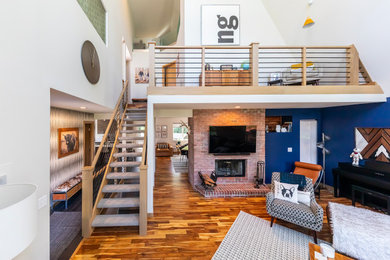 Staircase - mid-sized 1960s carpeted u-shaped open and mixed material railing staircase idea in Minneapolis