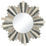 Elk Home - Chatham Light Wall Clock - The Chatham Light Wall Mirror is a small round mirror framed by a sunburst of salvaged wood pieces, painted in alternating shades of grey, blue and white. The washed painting technique adds a rustic look to this stylish mirror.