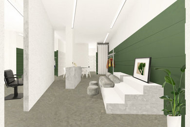Diseño de sala de manualidades actual grande con paredes blancas, suelo de cemento y bandeja