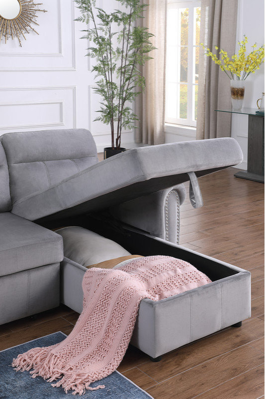 Ashton Velvet Fabric Reversible Sleeper Sectional Sofa Chaise ...