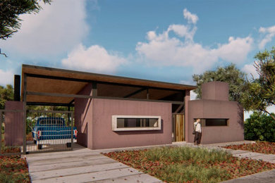 Mid-sized country purple one-story stucco exterior home idea in Other