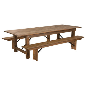 Hercules Series 9'x40" Antique Rustic Folding Farm Table and 2-Bench Set