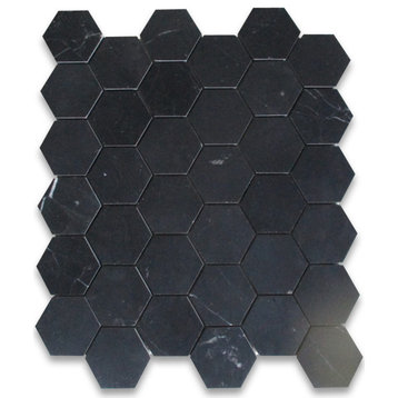 Nero Marquina Black Marble 2 inch Hexagon Mosaic Flooring Tile Honed, 1 sheet