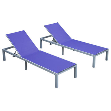 LeisureMod Marlin Patio Chaise Lounge Chair With Gray Frame, Set of 2, Navy Blue