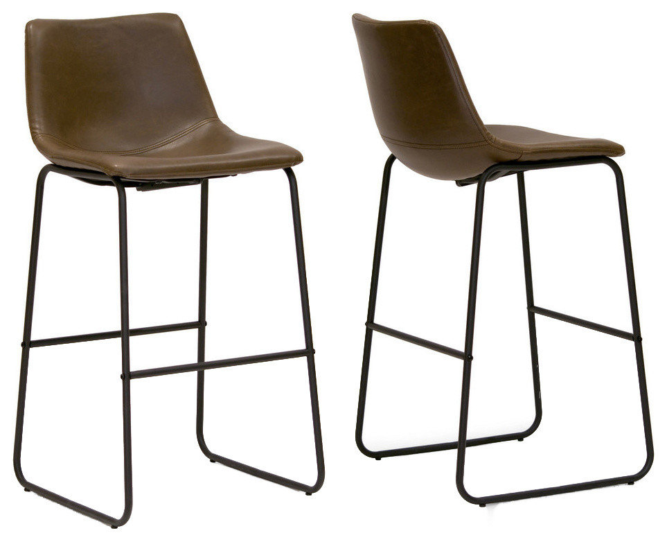 Adan Iron Frame Dark Brown PU Leather Bar Stools, Set of 2